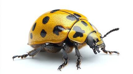 Naklejka premium Yellow ladybug close-up on white background. Macro insect photography for science or nature publications