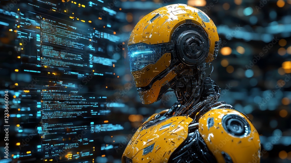 Poster yellow robot coding, futuristic city backdrop