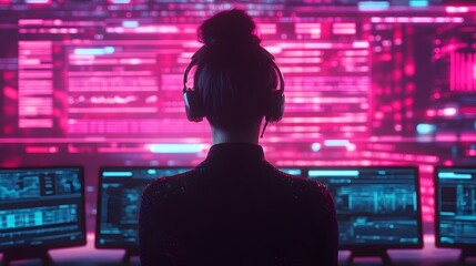 Businesswoman Analyzing Digital Data Streams in Futuristic Office Setting