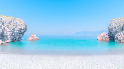 Secluded cove beach, turquoise water, rocky outcrops, sunny day, travel poster