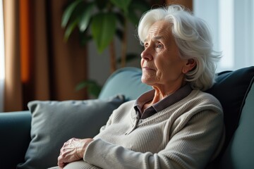 Somber Reflection of an Elderly Woman in a Cozy Living Room, Capturing the Essence of Loneliness and Contemplation During a Quiet Afternoon