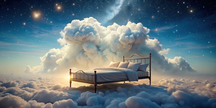 Bed under celestial dream cloud, cloudy sky, cozy setup, cloudy sky, cozy setup