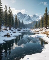 Snow-covered mountains with pine trees and frozen lake, scenery, frozen lake