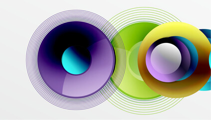 Sleek vector design with overlapping circles in vibrant colors and smooth gradients. Dynamic composition with depth, symmetry, and minimalistic elegance on a light background
