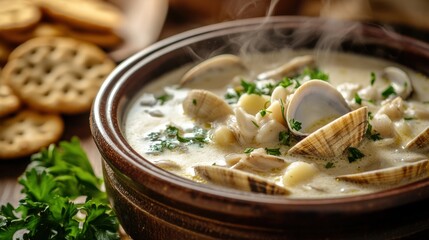 Creamy clam soup with parsley and crackers in a bowl. Clam Chowder