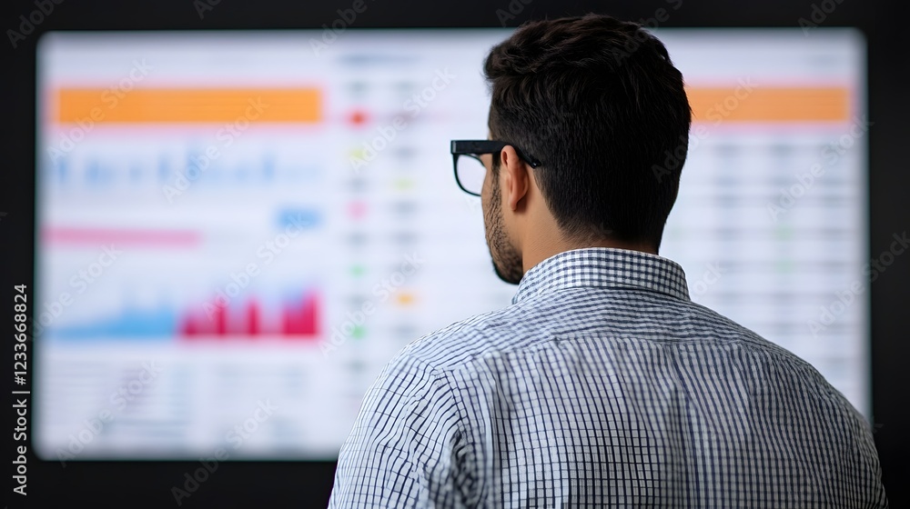 Poster entrepreneur analyzing real-time business analytics on large screen display