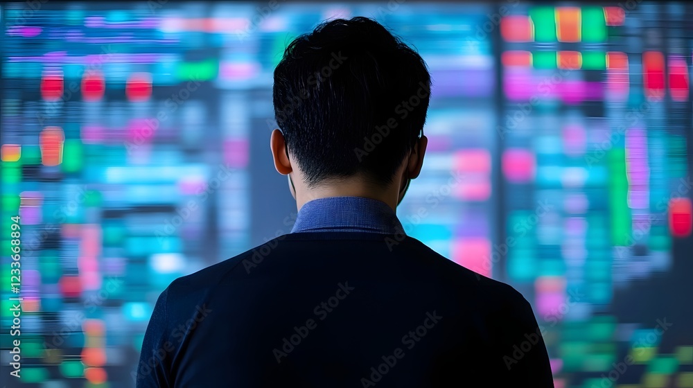 Poster data-driven entrepreneur standing before dynamic analytics screen