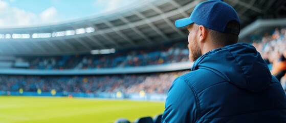 Thoughtful Fan Enjoys Football Match in Stadium with Vibrant Atmosphere and Full Crowd Under Clear Blue Skies