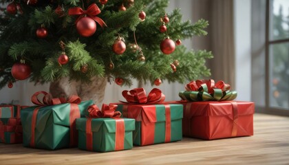 Satiny red and green wrapped gifts under a fir tree, gift giving, wrapped