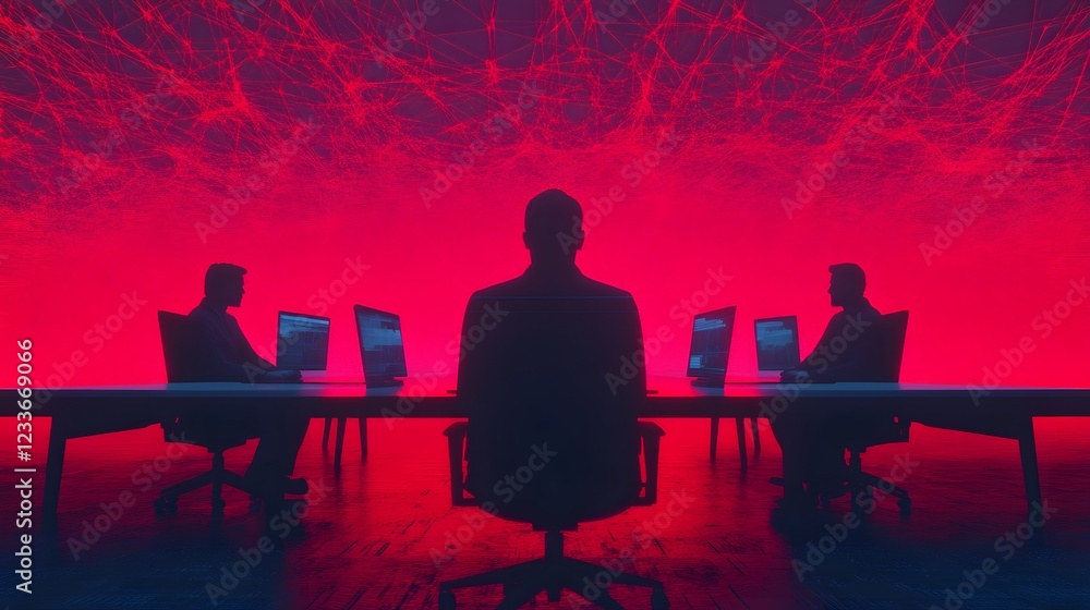 Aufkleber glowing threads of teamwork:silhouetted figures in an abstract office setting