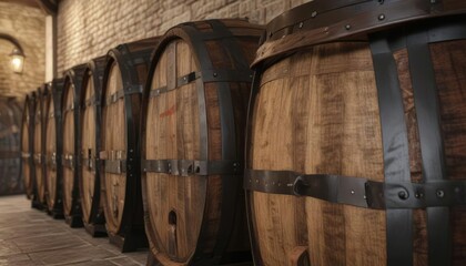 Row of Tawny Port Wine barrels with wooden lids , wooden lids, vintage wine