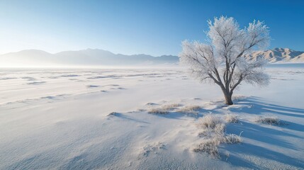 Frosty tree in snowy landscape, winter sunrise