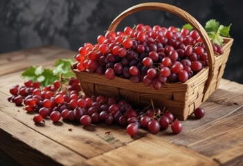 Red grapes spill from a wooden basket placed on a cozy stone table , natural, red grapes