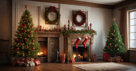 Red and green Christmas tree with red ornaments and pine cones decorated on a wooden mantel with stockings hung by the chimney, winter scenery, holiday decorations