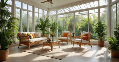 Rattan furniture and plants in a bright and airy conservatory with floor to ceiling glass windows, natural beauty, airy feel
