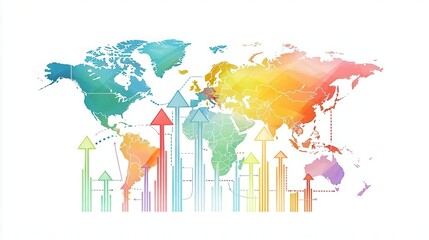 Colorful global map with growth arrows and data visualization.