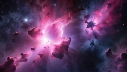 Purple and pink nebula in abstract space with vibrant star clusters and dark nebulae , clouds, cosmos