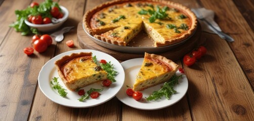 Quiche Lorraine with a side salad on a wooden surface, wooden surface, food, eggs