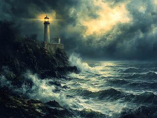 Fototapeta premium Powerful Lighthouse Beacon Shining Through a Stormy Seascape with Crashing Waves and Dramatic Skies