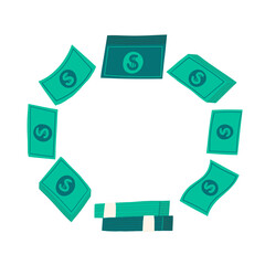 Cute hand drawn doodle money banner, border with pile, stack of dollars, currency. Business, investment, financial, economy, payment background, illustration with objects