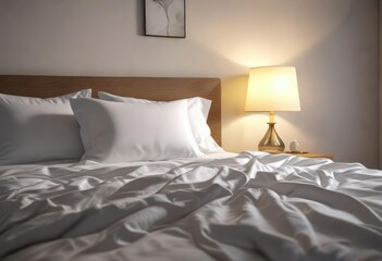 Soft white pillowcase on a bed with wrinkle blanket, dim bedroom lighting, and a single bedside lamp, bedroom decor, wrinkle blanket, soft pillows