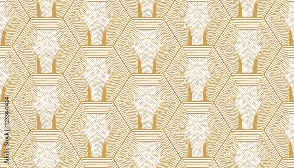Poster vibrant vector seamless pattern featuring stylized fish scale grid and geometric hexagons in a golde