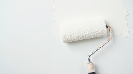 Fototapeta premium Paint roller applying fresh white paint on a wall during home improvement project in a well-lit room in the afternoon