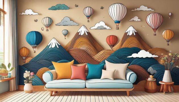 Whimsical Childhood Dreamscape A Joyous Journey Amongst Mountains, Balloons, and Clouds in a Vibrant Vegetal Paradise