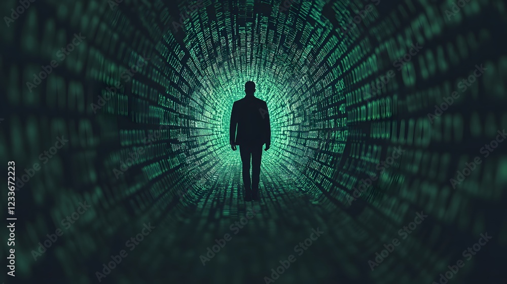 Poster entrepreneur navigating the digital forest of binary code,symbolizing tech industry journey
