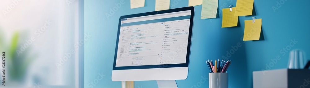 Poster a modern desk setup featuring task management software open on a monitor, with sticky notes pinned t