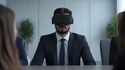 Virtual Business Meeting with Professionals Sharing Ideas Through VR Headsets