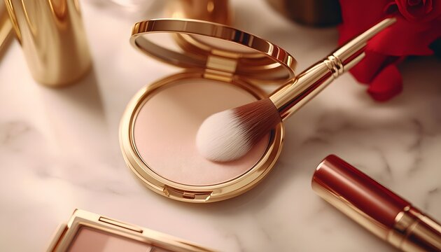 Gold compact powder brush makeup set on marble