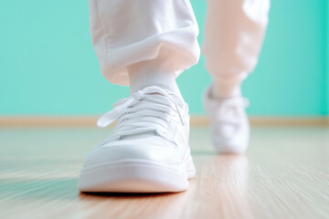 Naklejka premium Close up of White Sneakers on a Wooden Floor with White Pants in Minimalist Setting