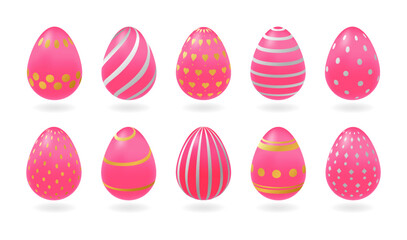 Set of realistic pink eggs with different golden, silver patterns. Isolated vector illustration on white background. Children dessert, Easter template