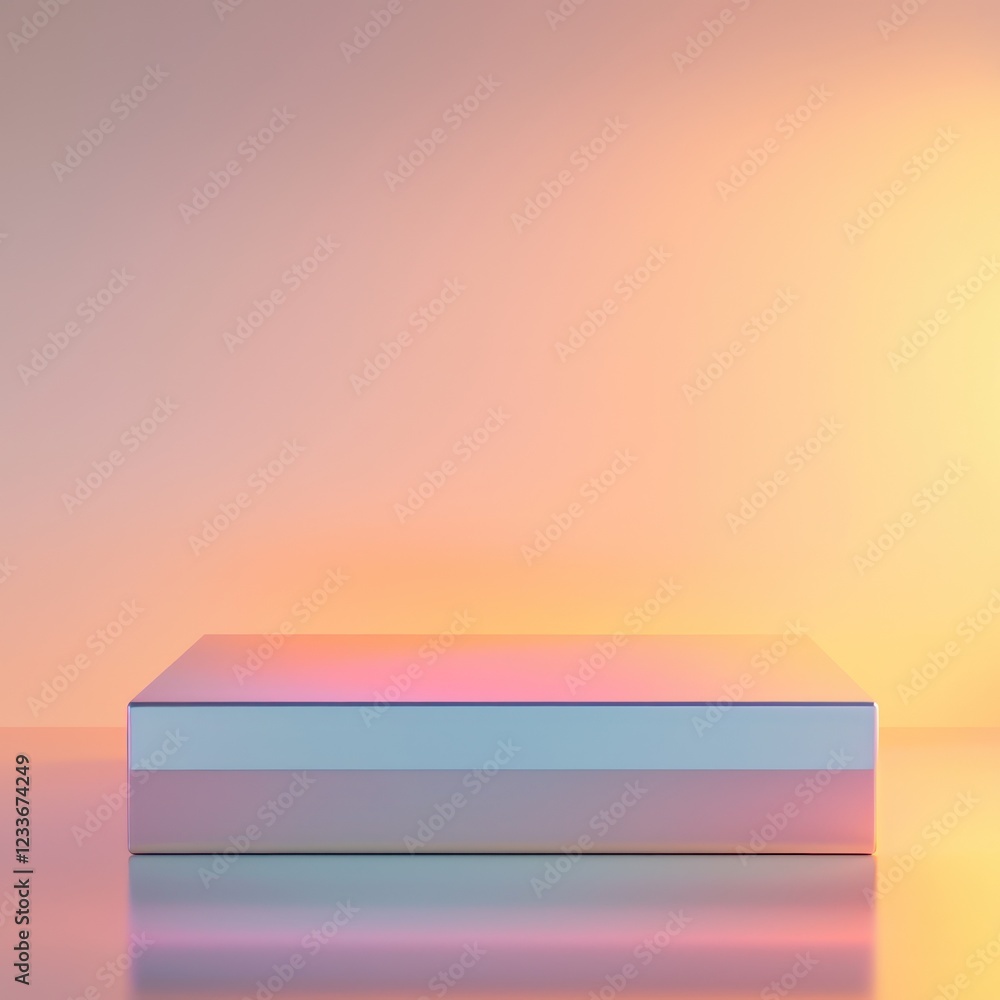 Poster softly lit reflective base hosts a rectangular podium with floating pastel gradient tones.
