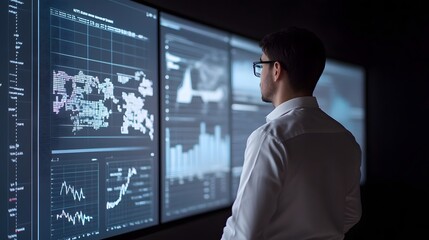 Fototapeta premium Business Analysts Reviewing Financial Data on Projected Smart Glass Screens