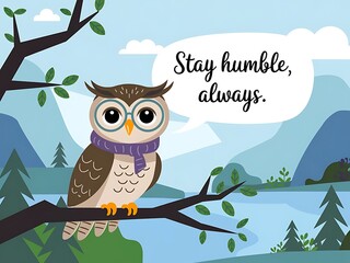 Obraz premium Wise Owl Perched on Branch Stay Humble Always
