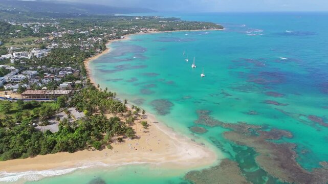 Playa Punta Popy beach, Las Terrenas in Dominican Republic. Aerial drone