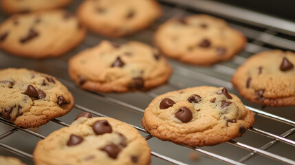 A tray of chocolate chip cookies on a cooling rack