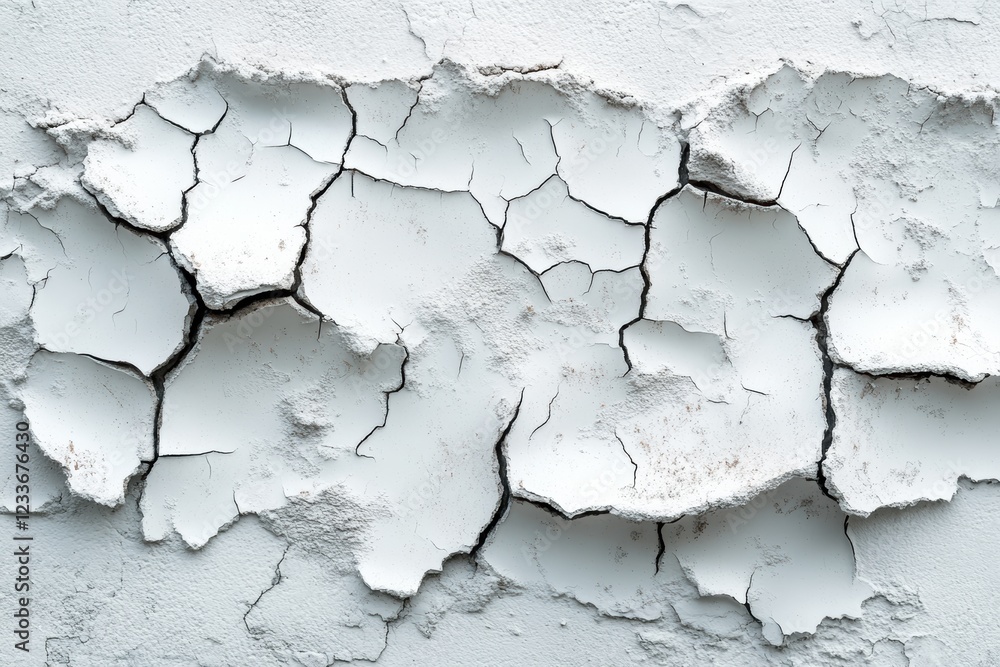 Poster A close-up view of a cracked white wall, showcasing the texture and patterns created by peeling paint and deterioration over time.