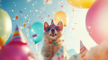 Fototapeta premium Happy birthday, furry friend! Celebratory confetti and balloons surround this adorable animal in party attire.