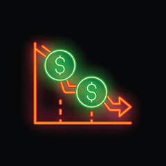 Neon sign illustrating a downward trending graph with falling dollar coins, symbolizing economic decline