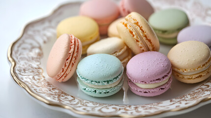 Obraz premium A plate of colorful macarons with a white background