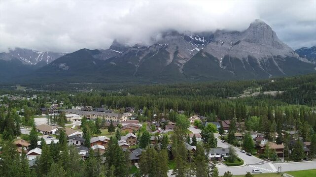Drone over Canmore, AB with the mountains in the backdrop.