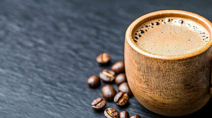 Wooden cup of coffee, beans, dark background; ideal for cafe menus