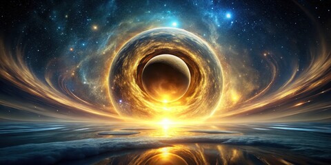 Swirling vortex of golden light radiates from a dark mysterious sphere in a vast open space , night sky, glow,  night sky