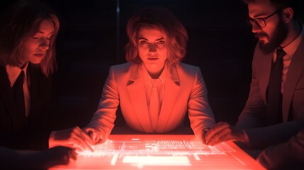 Diverse Business Team Collaborating Around Holographic Interface for Seamless Productivity