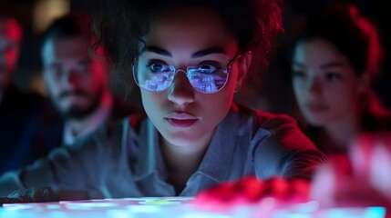 Diverse business team collaborating around holographic interface for seamless productivity