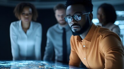 Diverse Business Team Collaborating Around Holographic Interface for Seamless Productivity