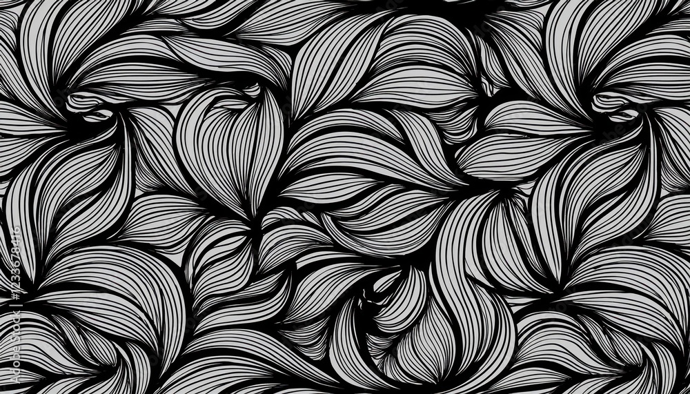 Aufkleber monochrome abstract floral background striking vector pattern with leaves and curls in a timeless mo